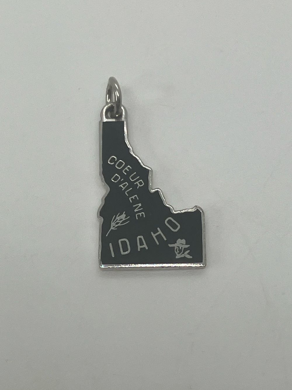 Vtg 925 Sterling Silver Idaho State Cowboy Farmer Wheat Image Black Enamel Charm